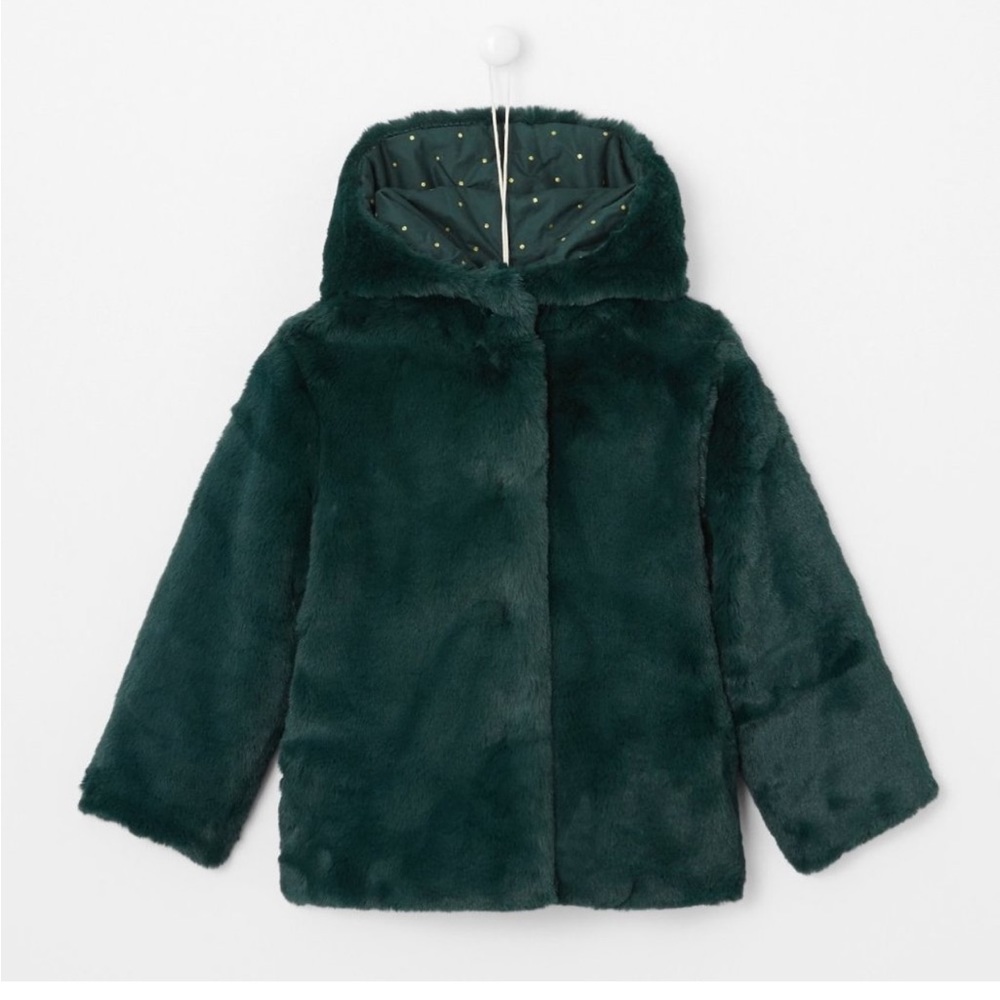 NWT JACADI Green Faux Fur Hooded Jacket - Size 4 Years